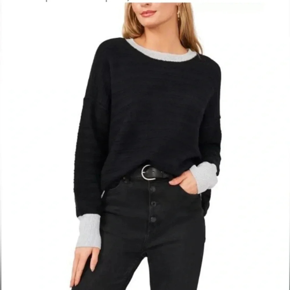 Vince Camuto Pullover Sweater L Black Silver Metallic Trim Oversized Knit